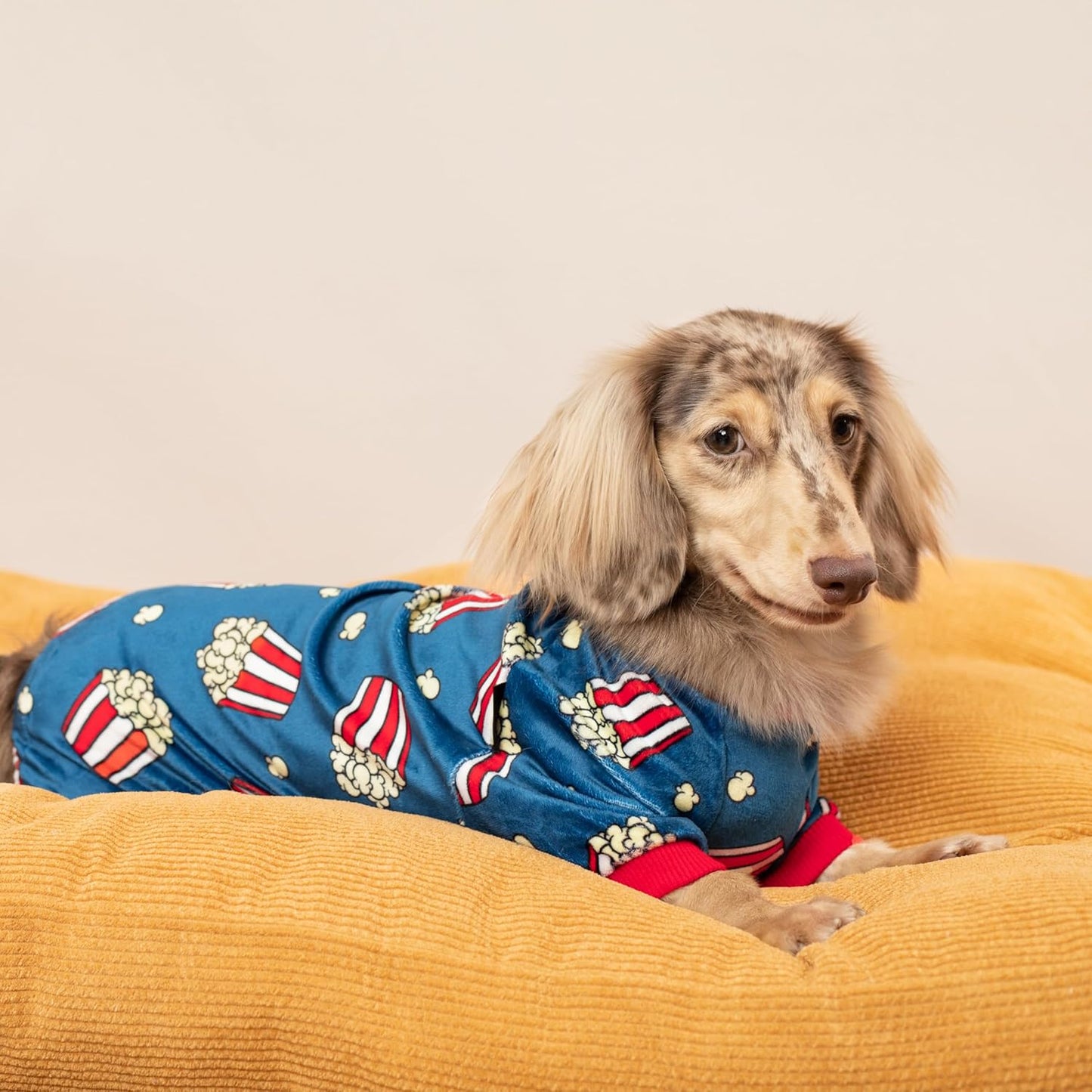 Fitwarm Popcorn Dog Pajamas, Funny Dog Clothes for Small Dogs Boy Girl, Fleece Pet Onesie with Feet, Blue, Red, White, Yellow, XXL