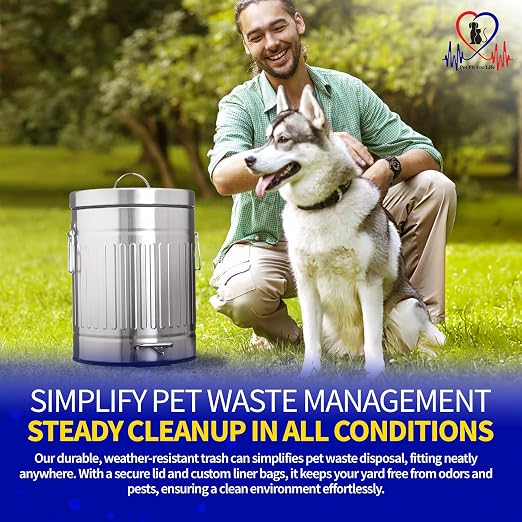 Pet Fit For Life Steel Trash Can with Lid, 16" Tall, 12L/3.2 Gallons | Steel Galvanized Bin with Step Foot Pedal, Plastic Inner Lining, Liner Bags, and Weather-Resistant Design for Yard Use