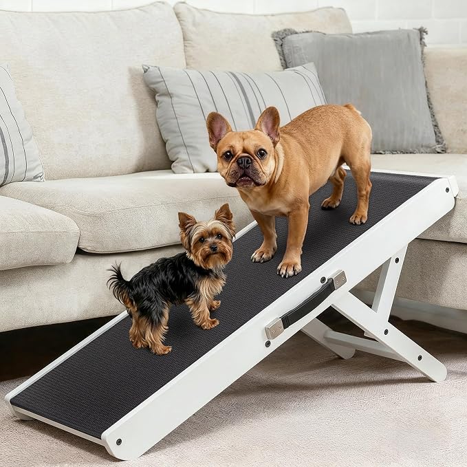 Dog Ramp for Couch – Non-Slip, Sturdy Build Foldable Wooden Dog Ramp – Supports up to 200 lbs – 7 Adjustable Heights (14"–20.5") – Enhanced Stability – Birchwood Pet Ramp for Small Dogs – White