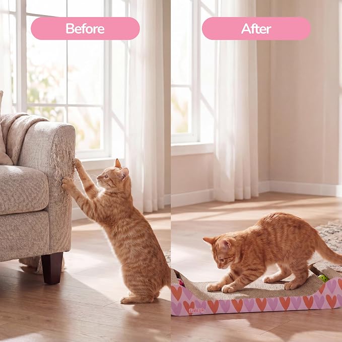 Rini 23.75" Modern Corrugated Cardboard Lounge Bed with Built-in Bell Toys and Catnip, Ergonomic Curved Sofa Scratcher for Indoor Cats, Mint/Green CSR1003E