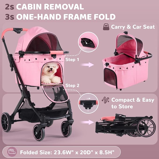 Dog Stroller for Small to Medium Dogs with Detachable Carrier, Pink | 3-in-1 Pet Stroller, Dual-layer UV-Resistant Waterproof Canopy with Breathable Mesh, All-Terrain PU Wheels with Suspension