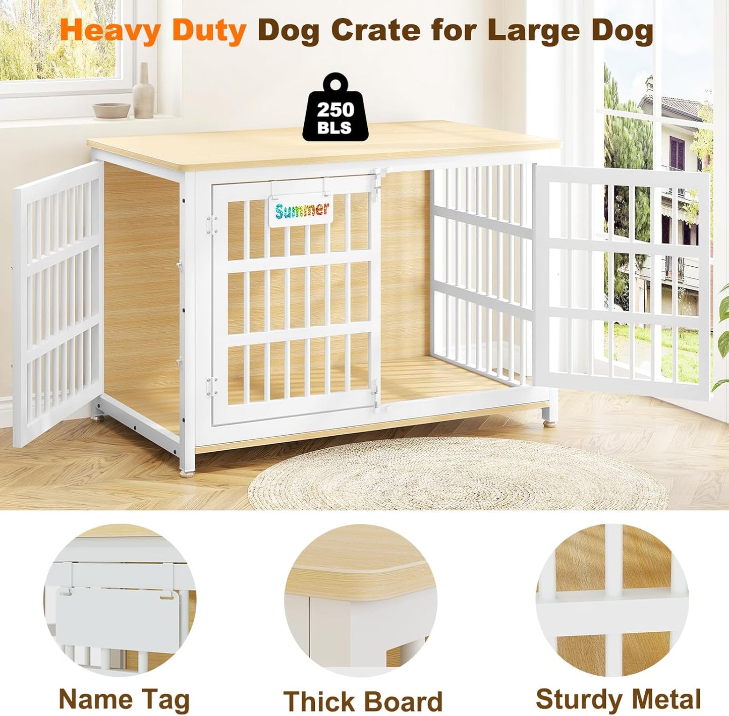 EasyCom Heavy Duty Dog Kennel Indoor with Name Tag, XXL Dog Crate Furniture for Large Dogs, Double-Doors Sturdy Dog Cage for Anxiety Dog, Decorate House as TV Stand, End Table, Bedside Table
