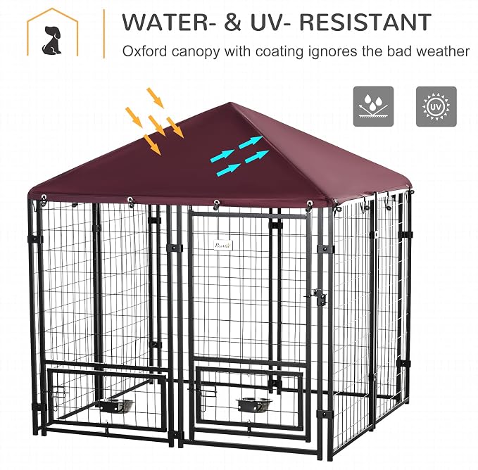 PawHut 4.6' x 4.6' x 5' Outdoor Dog Kennel, Welded Wire Dog Kennel Outside Run with 360° Rotating Bowls, Waterproof & UV Resistant Cover, for S&M Breeds, Chickens, Ducks, Red | Dog Kennel Outside Run, 360° Rotating Bowls, Waterproof & UV Resistant Cove...