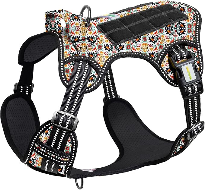 Homapet. Tactical Dog Harness with Dual Leash Attachment Points, Adjustable and Reflective Military Grade Dog Vest with Comfort Control Handle (Floral, S)