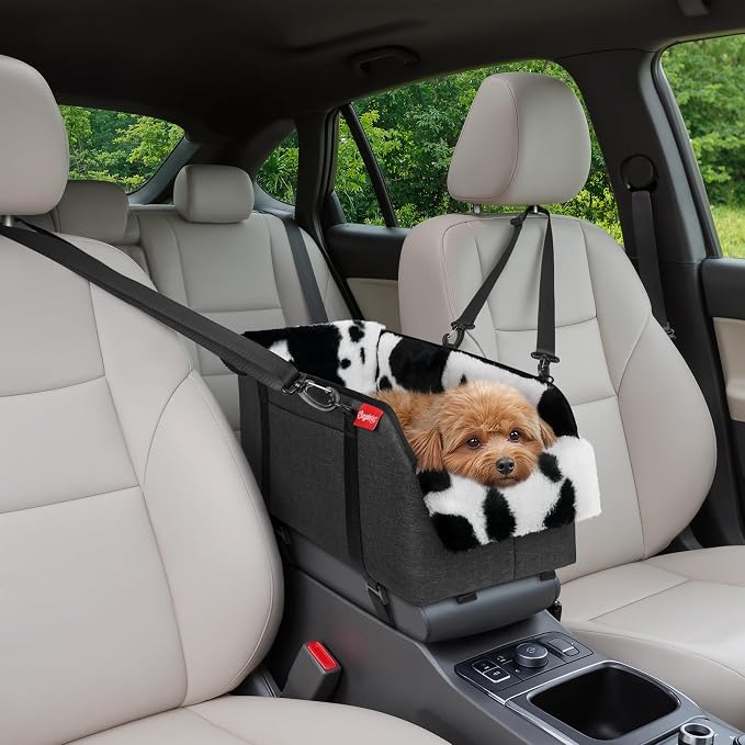 BurgeonNest Center Console Dog Car Seat for Small Pets to 11lbs, Milk Cow | Anti-collapse armrest Console seat with washable fluffy cushion, pillow & tether for stable, cozy pet travel trips.