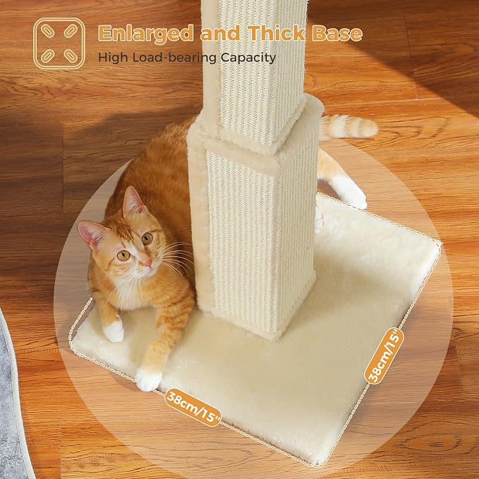 PAWZ Road Cat Scratching Post 32” Tall Square Cat Scratcher - Beige | Heavy Duty Cat Post with 16x16”Large Base Covered Sturdy Woven Sisal Scratcher and Cat Toy Ball for Adult and Indoor Cats