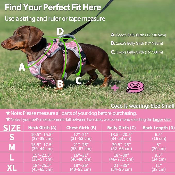 Escape Proof Dog Harness, Dachshund Harness, Reflective Dog Harness with Handle, Durable,Adjustable Vest for Small Medium Large Dogs Walking, Training, and Running Gear (Pink,XL)