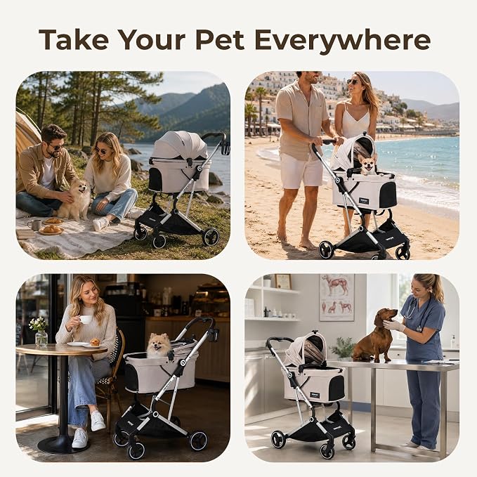 Beberoad Pet Stroller for Small Dogs and Medium Pets 4 Wheel | Aluminum Alloy Frame, All-Terrain Wheels, One Hand Fold Stroller, Lightweight Roomy Cabin