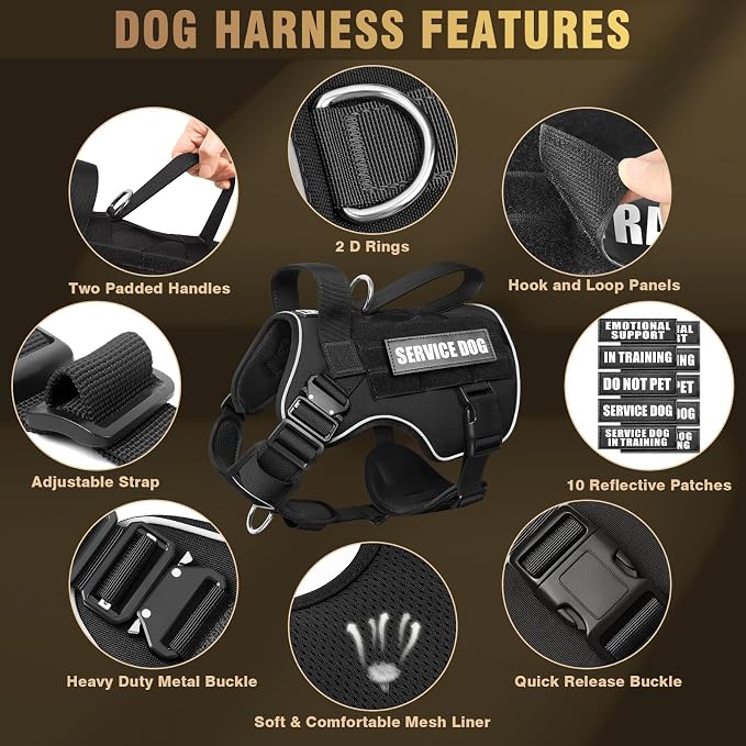 2X Metal Buckle Service Working MOLLE Dog Vest with 10 Pet Patches | Tactical Dog Harness for Medium Dog, No-pull Military Working Vest for Training Hunting Walking，2x D Rings for Leash Clip