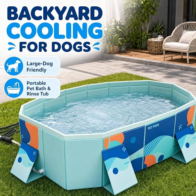 61" Foldable Dog Bath Pool, Non-Inflatable Hexagonal Pet Bath Tub for Medium to Large Dogs, Thickened PVC Collapsible Dog Pool with Drain Hole, Non-Slip Base, Portable Outdoor Wash Station