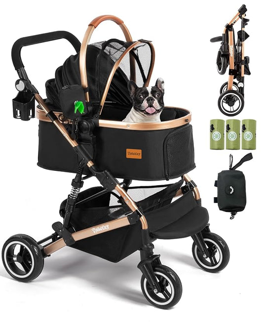 Dog Stroller for Medium Dogs Up to 52 Lbs, Cats Stroller for 2 Cats, 3 in 1 Pet Stroller with Bag Holder for Leashes, 3-Roll Poop Bags, 600D Waterproof Oxford Fiber, Adjustable Handle (Black)