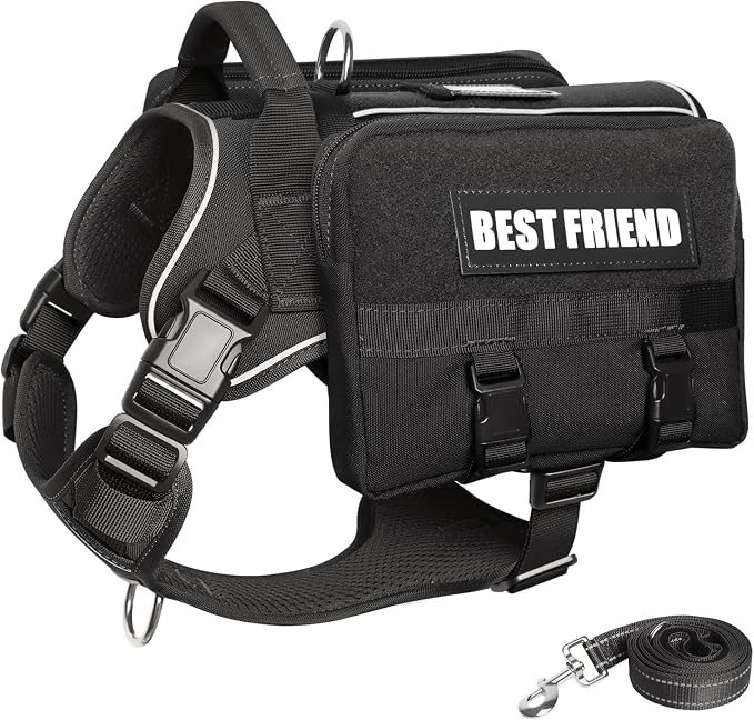 Dog Backpack Harness and Leash Set for Large Dogs Black XL | Removable Side Pockets Dog Vest with Padded Handle&MOLLE,No Pull Front&Back Metal Clips for Hiking Training Walking Hunting
