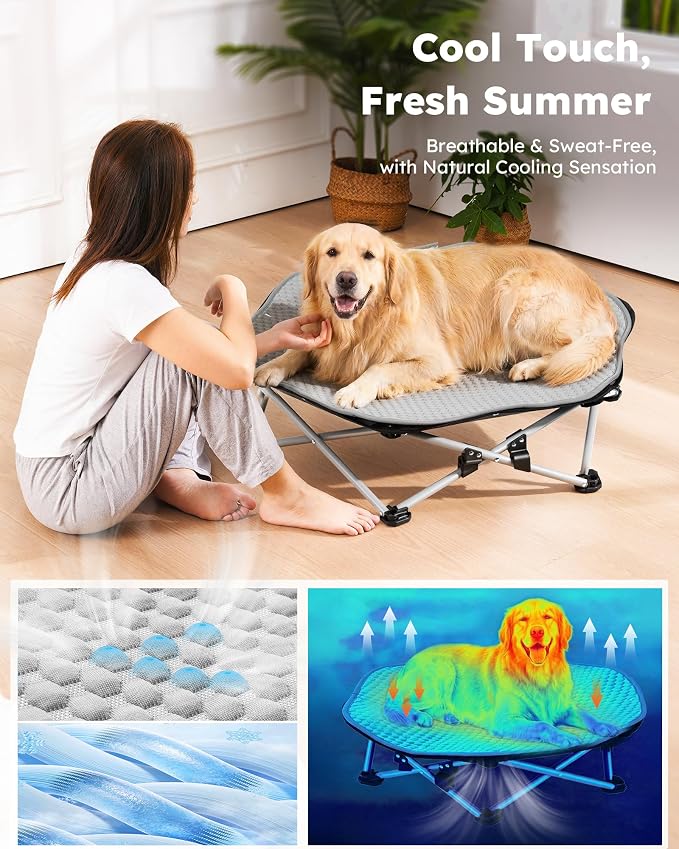 Pecute Raised Dog Bed with Cooling Mat, Elevated Pet Cot for Large Dogs, XL | Breathable Textilene Mesh, Outdoor Camping & Beach, Steel Frame,130 lbs Heavy Duty Support, Tool-free 3-second Quick Assembly