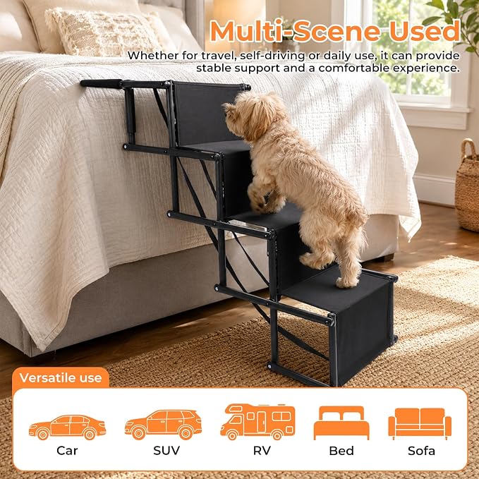 Dog Stairs for Large Dogs,4-Step Foldable Dog Ramp for Car with Non-Slip Surface & Oxford Fabric,Portable & Lightweight Pet Stairs for SUV,Truck,Bed & Couch,Supports up to 132 lbs (Green)