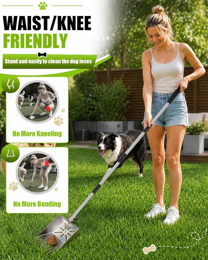 71" Stainless Steel Pooper Scooper, 3-Adjustable Angle Dog Shovel & Rake | Heavy Duty Metal Poop Scoop for Large Dogs with Adjustable Long Handle Outdoor Yard Pet Waste Removal Shovel
