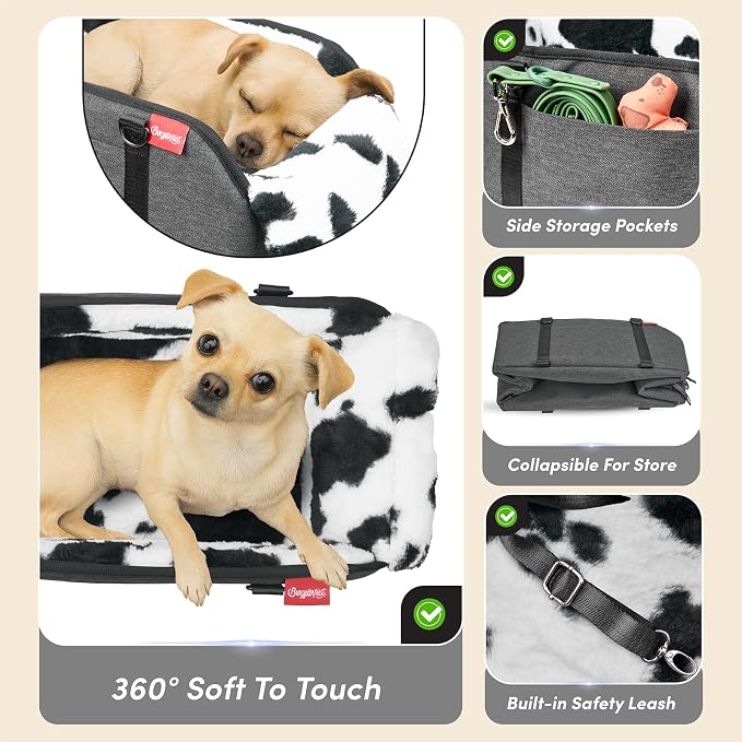 BurgeonNest Center Console Dog Car Seat for Small Pets to 11lbs, Milk Cow | Anti-collapse armrest Console seat with washable fluffy cushion, pillow & tether for stable, cozy pet travel trips.