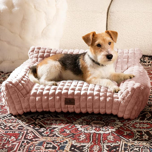 Cute Small Dog Couch Bed – Supportive & Fluffy Pet Sofa with Faux Rabbit Fur Washable Cover in 3D Diamond Pattern, 30" Pink