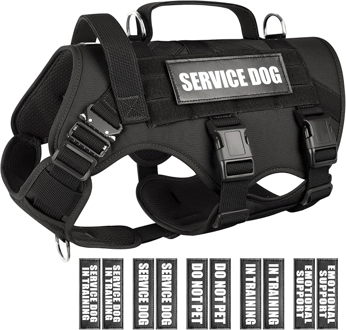 Service Dog Vest Harness for Large Dog, Tactical Working MOLLE Vest with 10 Pet Patches, No Pull Heavy Duty Harness for Training Walking