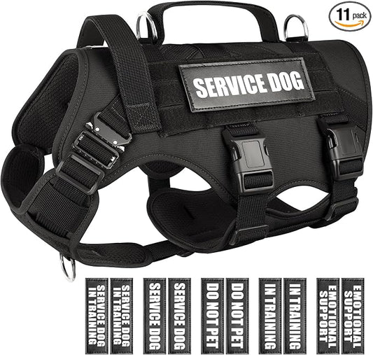 Service Dog Vest Harness for Large Dog, Tactical Working MOLLE Vest with 10 Pet Patches, No Pull Heavy Duty Harness for Training Hunting Walking