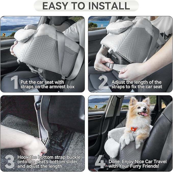 PETSFIT Console Dog Car Seat, Portable Small Dog Car Seat with Safe Protective Hooks, Luxury Dog Carseat Includes Safety Leash and Storage Pocket for Pets Up to 9 lbs (Grey)