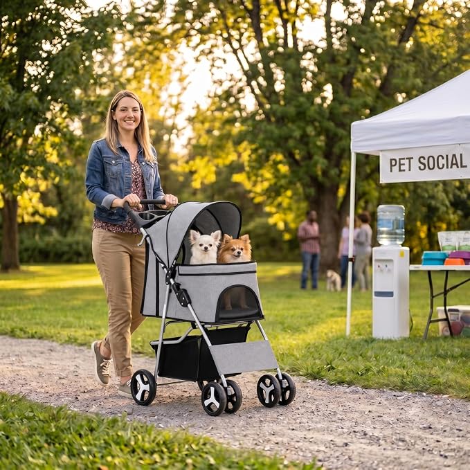 ZENY Foldable Pet Stroller, Cat/Dog Stroller with 4 Wheel, Pet Travel Carrier Strolling Cart with Storage Basket, Cup Holder (Grey)