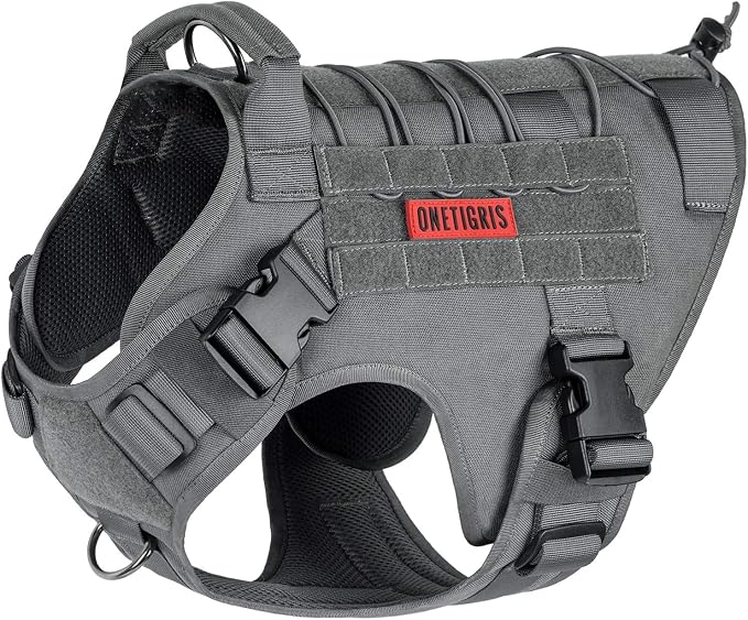 OneTigris Tactical Dog Harness Vest No-Pull Service Dog Vest for Large Dogs | 1000D Pullable Nylon, with Control Handle and Hook & Loop Panels, Easy On & Off, Adjustable for Walking Training Gray XL