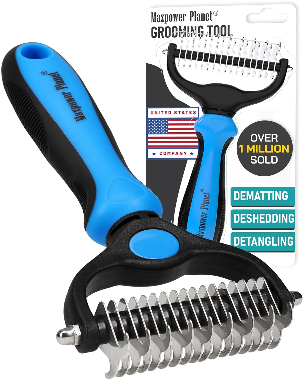 Maxpower Planet Original Pet Grooming Rake - Double-Sided Deshedding Dematting Tool, Undercoat Rake for Dogs & Cats, Extra-Wide Dog Grooming Brush & Deshedder Comb for Long Hair, Reduces Shedding 95%