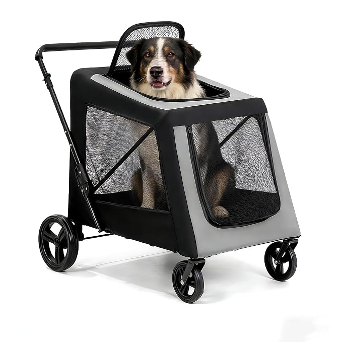 Extra Large Dog Stroller for Large Dogs Up to 130 lbs, Heavy Duty Pet Stroller with Breathable Mesh, Easy Fold Travel Pet Cart with Cup Holder, Adjustable Handle, Secure Safety Belts
