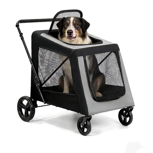 Extra Large Dog Stroller for Large Dogs Up to 130 lbs, Heavy Duty Pet Stroller with Breathable Mesh, Easy Fold Travel Pet Cart with Cup Holder, Adjustable Handle, Secure Safety Belts