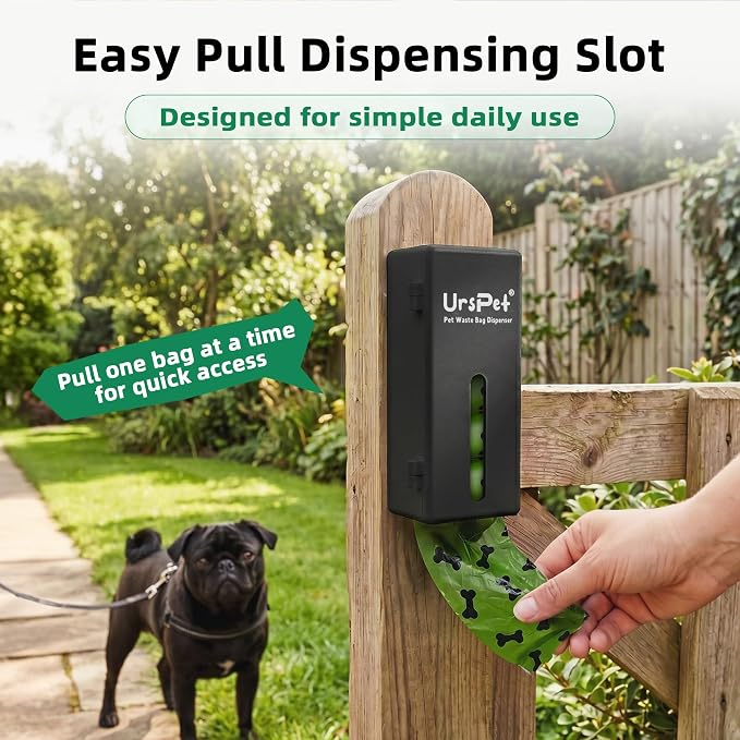 URSPET Dog Poop Bag Dispenser with 4 Rolls, Wall Mount Pet Waste Holder | Stick-On or Screw-On, Viewing Window, Easy Bag Pull, Flip-Top Refill, 60 Bags Included, Indoor and Outdoor Use