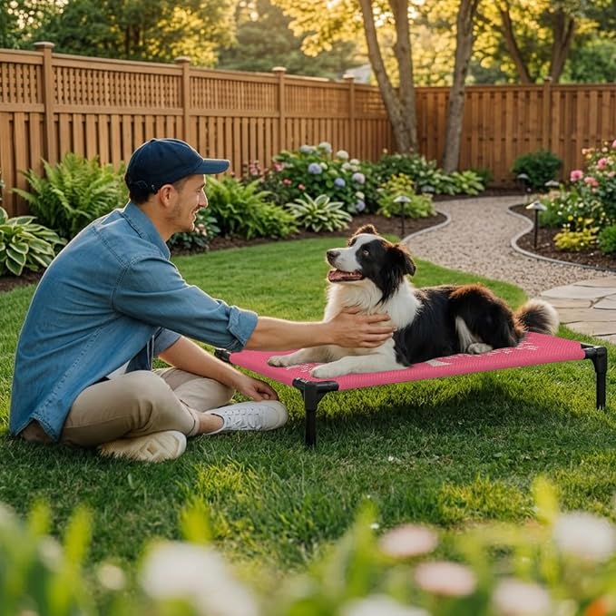 Outdoor Elevated Dog Bed for Large Dogs, Black Tree Breathable Cooling Raised Dog Cot for Indoor/Outdoor, Birds Vintage Farmhouse Pink Waterproof Elevated Pet Beds, L 28 x 22 in
