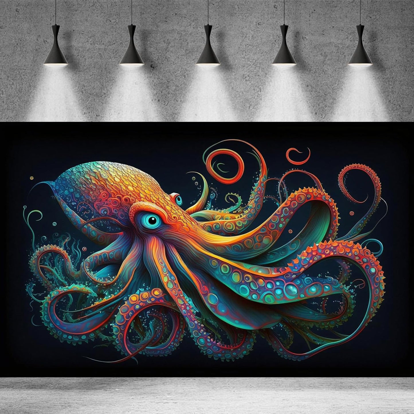 Octopus Aquarium Background Abstract Colorful Octopus Terrarium Background Glowing Octopus on Black Background Fish Tank Backdrop Poster Wallpaper Decorations Vinyl 24x16in