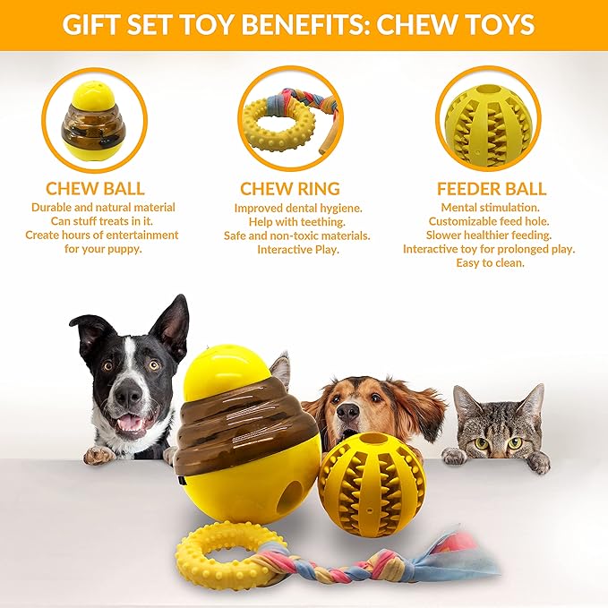 SoSoCute Yellow Dog Gift Box - Puppy Chew Toy Set of 5 - Care Package with Dog Blanket, Squeaky Plush, Rubber Puppy Teether, Teething Ball, and Treat Ball for Small and Medium Dogs