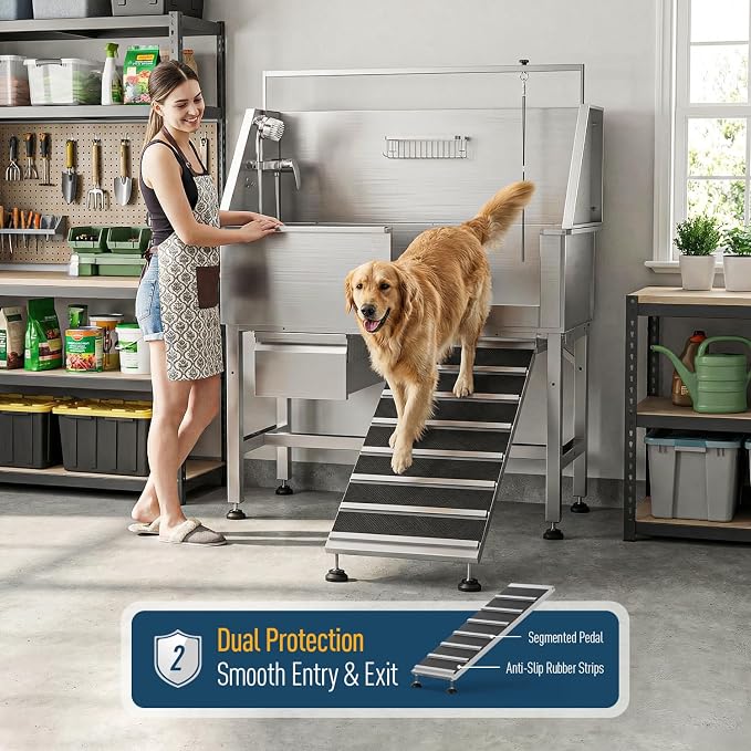 RDCMKL 46" Dog Washing Station, Leak-Proof 304 Stainless Steel Dog Bathtub with Non-Slip Removable Left Ramp & Storage Drawer, Elevated Pet Wash Station for Large Dogs, Garage & Outdoor Use
