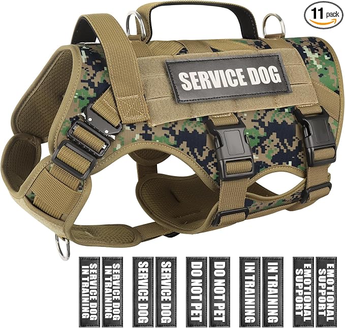 Service Dog Vest Harness for Large Dog, Tactical Working MOLLE Vest with 10 Pet Patches, No Pull Heavy Duty Harness for Training Walking