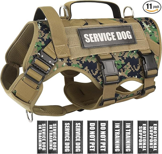 Service Dog Vest Harness for Large Dog, Tactical Working MOLLE Vest with 10 Pet Patches, No Pull Heavy Duty Harness for Training Walking