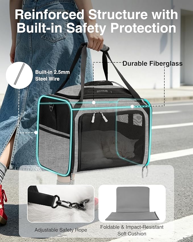 Expandable Cat Carrier Bag,Airline Approved Expandable Soft-Sided Pet Carrier(16"x 11"x 11") with Removable Pad,for Cats 12lbs,(Grey Black).