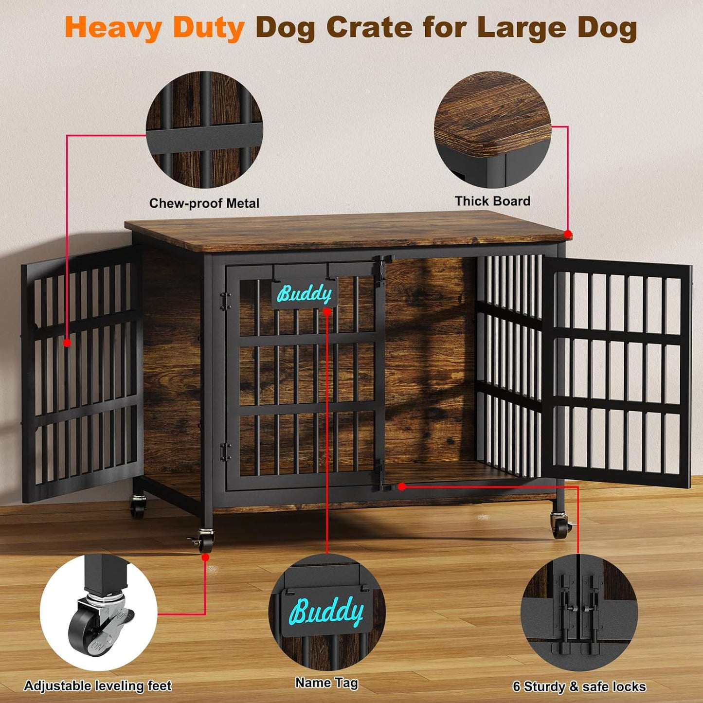 EasyCom 42"/41"/33" Dog Crate Furniture with Name Tag, XL Heavy Duty Dog Kennel Indoor for Large and Medium Dogs, Double-Doors Sturdy Dog Cage for Anxiety Dog, Decorate House as TV Stand