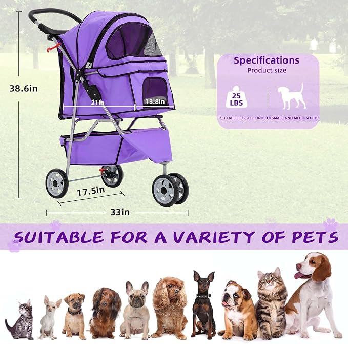Pet Stroller for Small Medium Dogs & Cats,3-Wheel Breathable Compact Foldable Dog Carrier with Storage Basket, Outdoor Portable Lightweight Travel Stroller for Camping,Purple