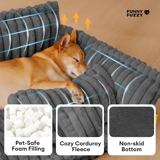 FUNNY FUZZY Dog Bed, Fluffy XXL Orthopedic Dog Couch with Pillow, Grey | Support Dog Bed for Extral Large Dogs, Cozy Corduroy Flannel, Non-slip, Snoozy Dream 47"×29.5"×15.7", Up to 75 Lbs