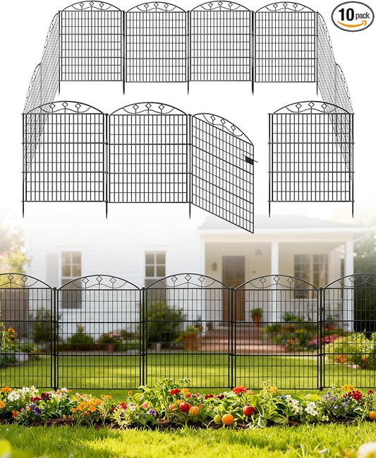 10 Panels Black Metal No Dig Garden Fence, 33in H x 24ft L Temporary Animal Barrier for Dogs & Rabbits, Reusable Outdoor Yard Fencing with Lock