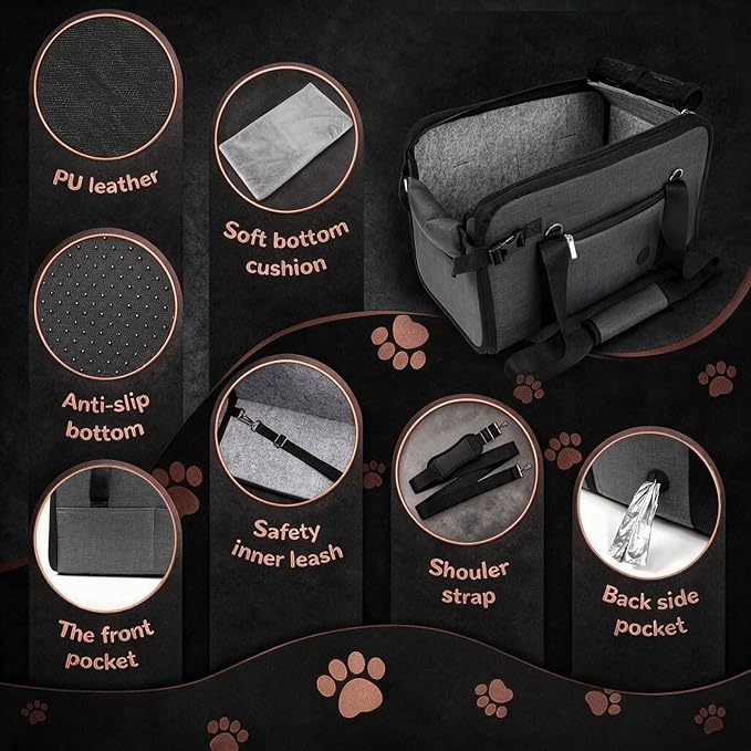 YUDODO Large Dog Car Seat for Center Console 10-18lbs, PU Booster Bed | Portable Puppy Cat Seat, Waterproof, Wipe Clean, Safe & Durable, Side Pockets, for Truck & SUV-Width>9.5in, Anti-Slip, Gray