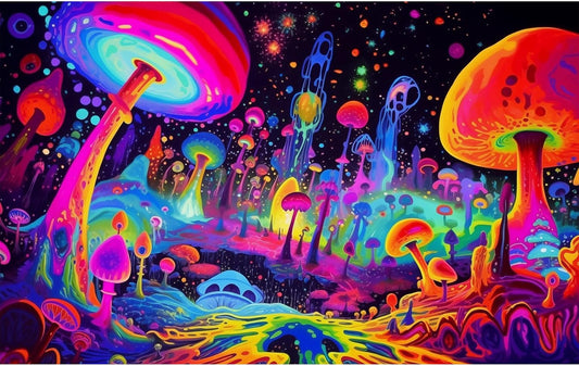 Fantasy Mushrooms Aquarium Background Abstract Mysterious Mushroom Landscape Terrarium Background Amazing Rainbow Mushrooms Theme Fish Tank Backdrop Poster Wallpaper Decorations Vinyl 30x18in