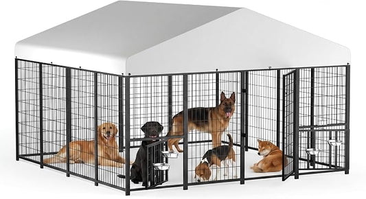 10 x 10 x 6.5 FT Outdoor Dog Kennel with Roof for Large Dogs | Large Dog Run with Rotating Feeder, 2 Stainless Steel Bowls and Double Latch Gate