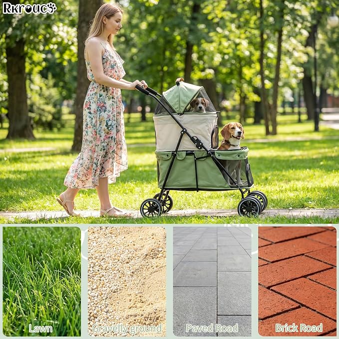 Foldable Double Pets Stroller for Dog Portable Cat Strollers for Small Medium Pet with One Detachable Carrier Flexible Lockable Wheels Lightweight Dogs Jogger (Green Beige)