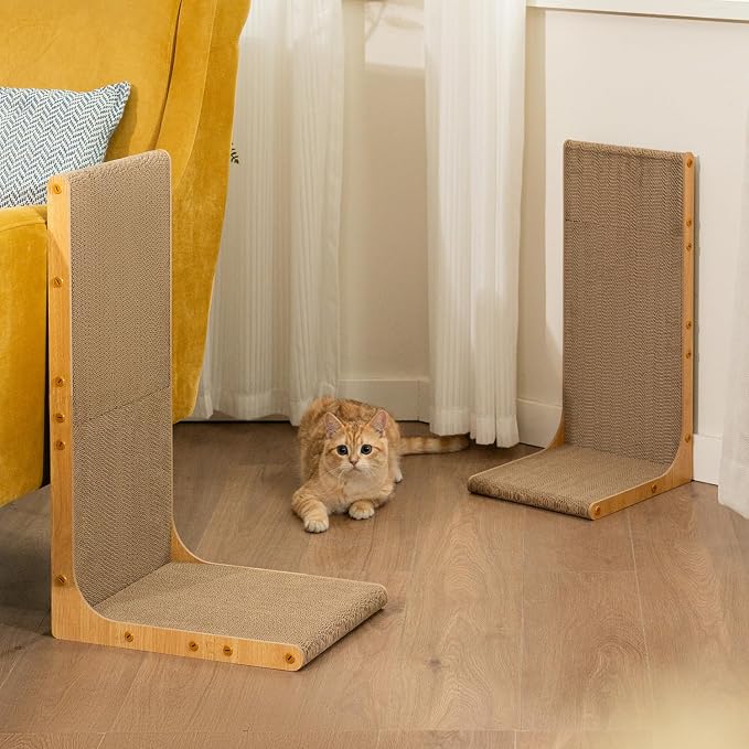 Conlun Cardboard Cat Scratcher,26" L-Shaped Scratch Pad Wall Mounted,Vertical Scratching Post Durable Cardboard to Protect Furniture for Indoor Cats,Wood Grain Junbo (2 Pack)