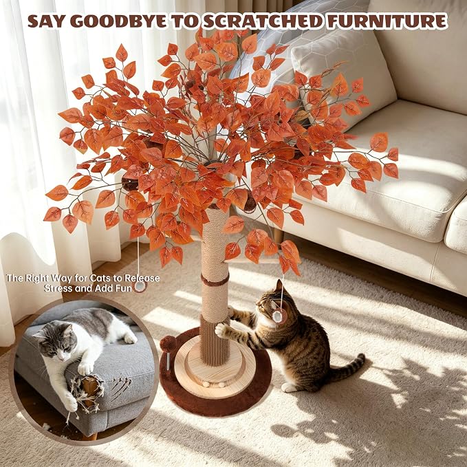 46" Extra Tall Cat Scratching Post with Toy for Large and Adult Indoor Cats | Sisal Cat Scratcher Tree with 3D Leaves, Hanging Plush Ball, Stable Wooden Base with Ball Track Toys
