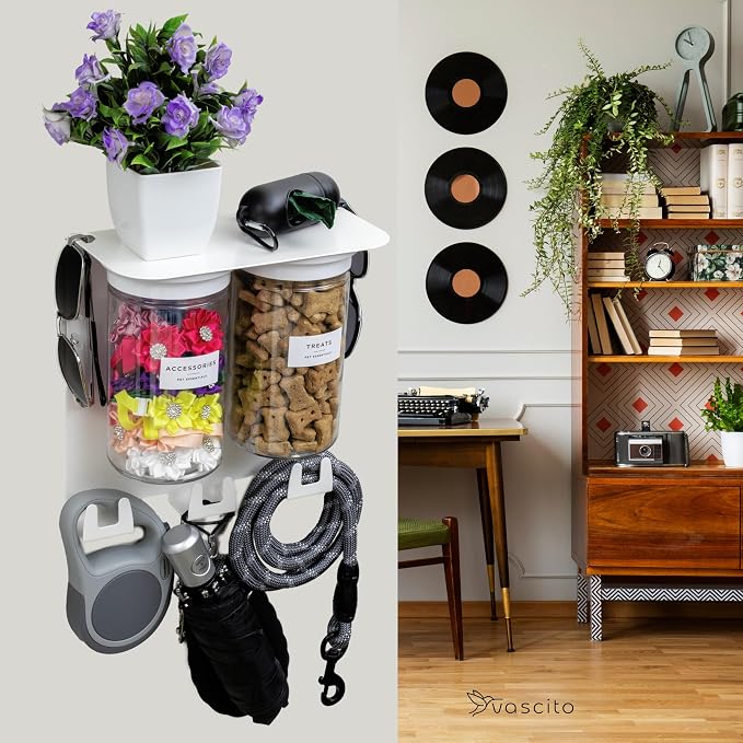 Dog Leash Holder for Wall with Shelf — Wall Mounted Dog Treat Holder & Station, 2 Airtight 32oz Treat Containers, 9 Hooks, Patented Lidless Slide-to-Seal Jars, Solid Steel, Made in USA