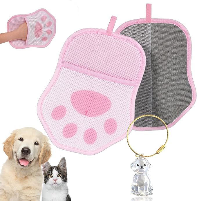 Xontri 2025 Upgrade Electrostatic Pet Hair Removal Glove, A Reusable Pet Hair Remover Tool for Cats, Dogs, Clothing, Couches, Carpets(Pink Glove, Dog Keychain)