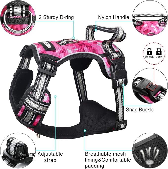Dog Harness No Pull, Pet Harnesses with Dog Collar, Adjustable Reflective Oxford Outdoor Vest, Front/Back Leash Clips for Small, Medium, Large, Extra Large Dogs, Easy Control Handle for Walking